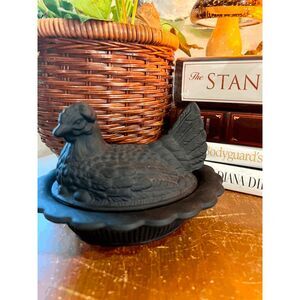 Satin Black Mosser Glass Hen on Nest Covered Dish 6 Inch Chicken Dish